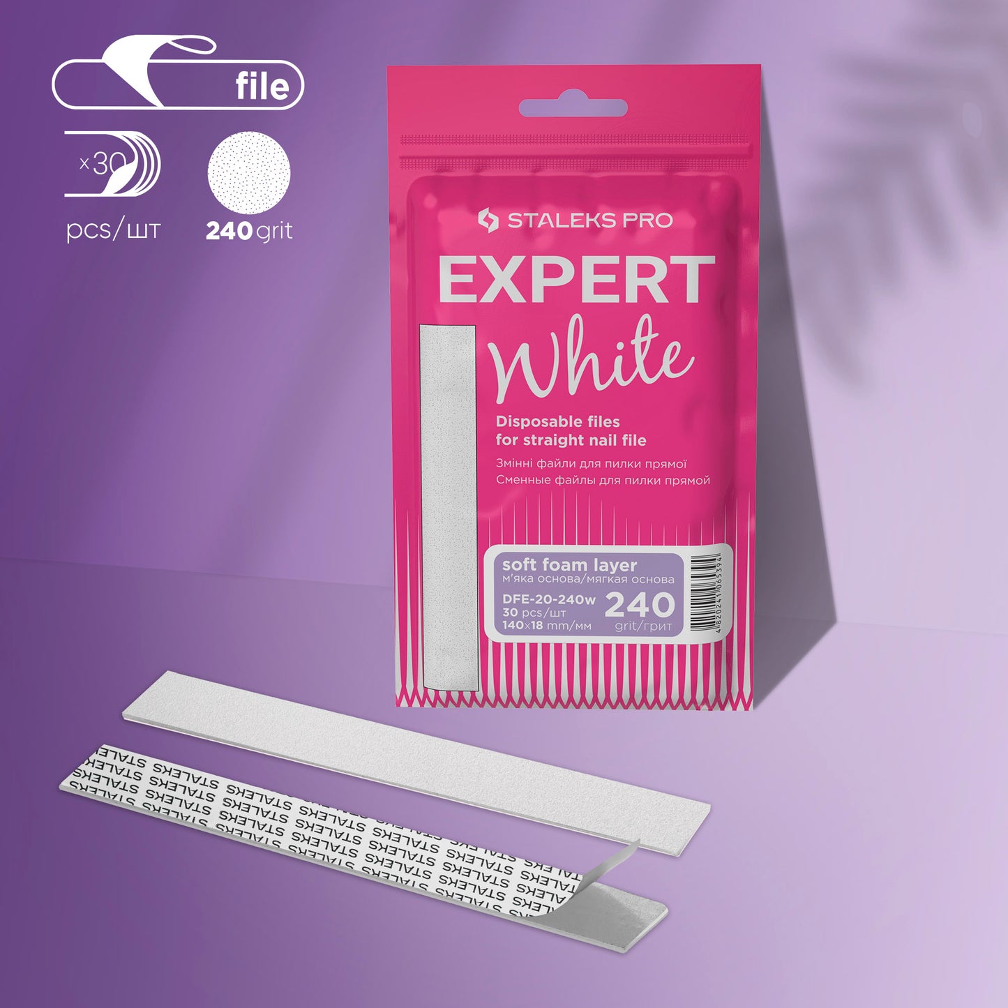 White disposable files for straight nail file - soft base Staleks Pro Expert 20 (30 pcs)